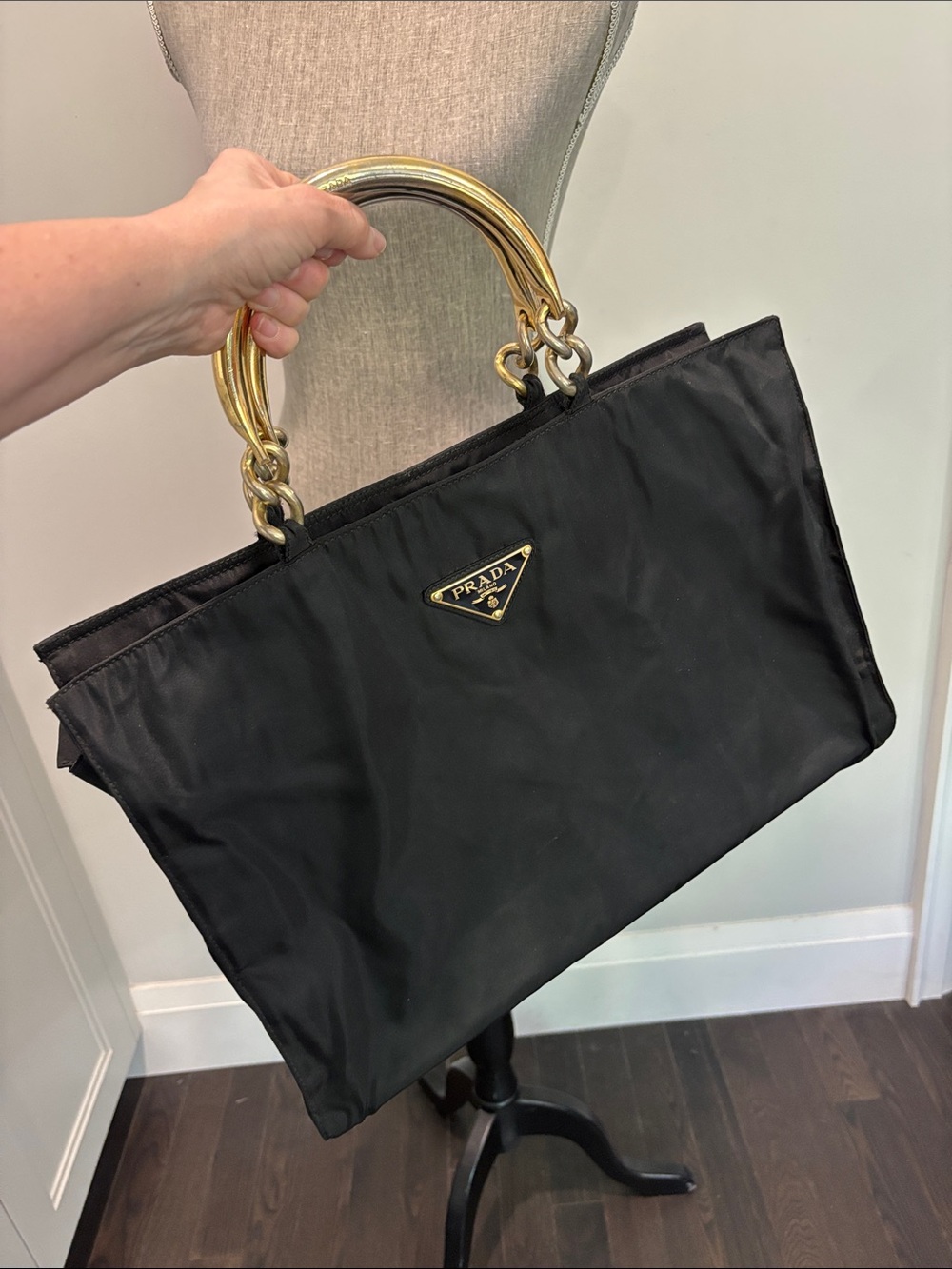 Prada Black Nylon Tote with Gold-Tone Double Ring Handles designer chic - Picture 3 of 16